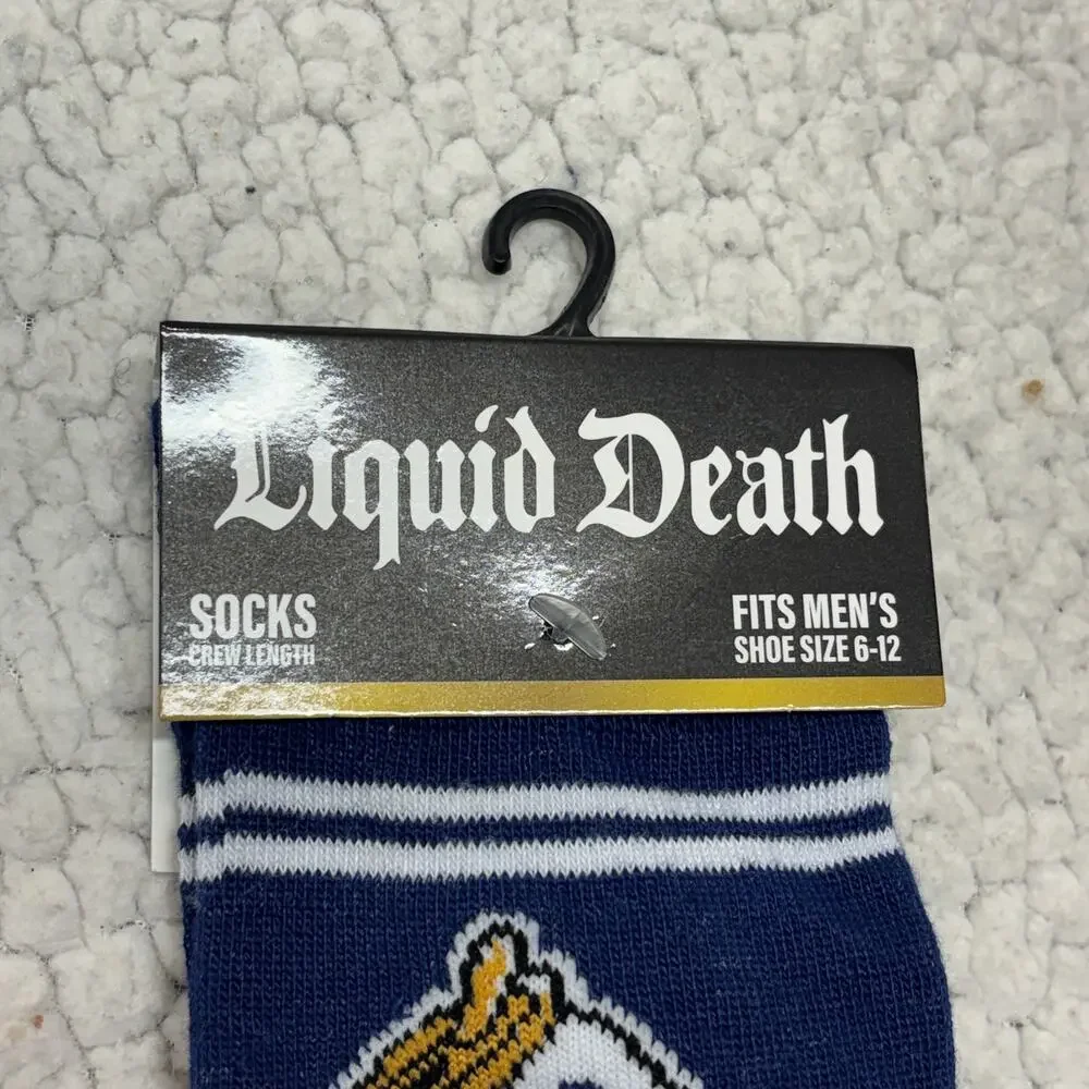 Liquid Death Crew Socks Fits Mens 6-12 Navy White Novelty Print 1 Pair NWT